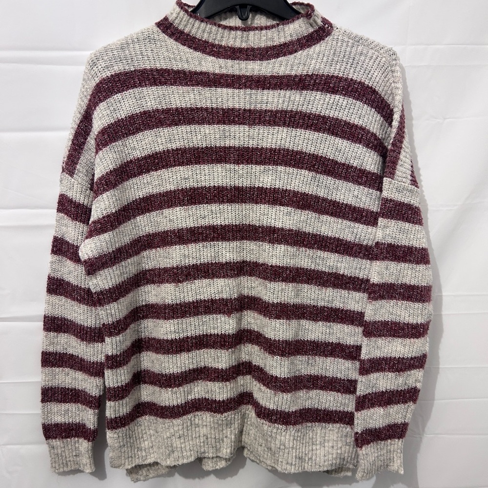 American Eagle Outfitters Striped Crewneck Sweater in Cream and Burgundy